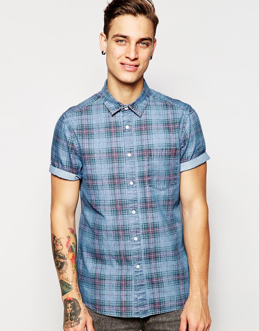Denim Shirt In Check with Short Sleeves – Shophistic Lite