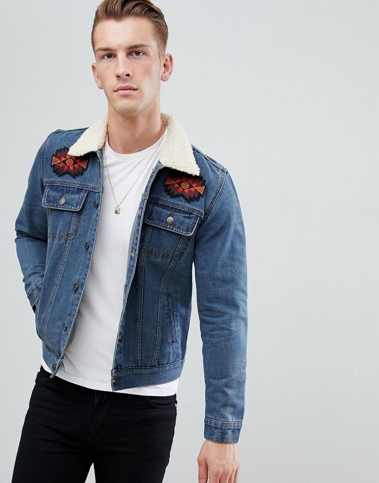 BoohooMAN denim jacket with borg collar in blue wash – Shophistic